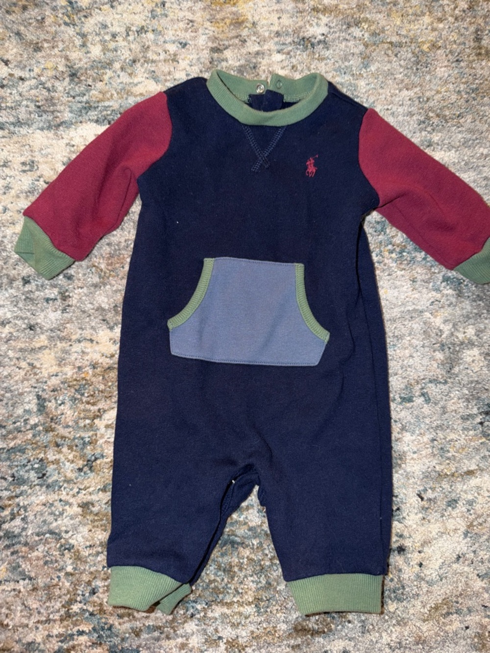 Ralph Lauren Navy Baby One-Piece with Burgundy Sleeves and Green Trim -vintage